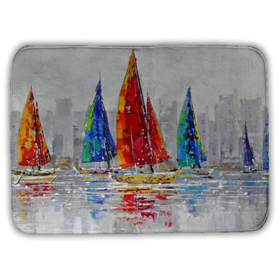 Colorful boats near a gray city Bath Mat with Non-Slip Backing - Quick Dry Memory Foam Bathroom Rug - Absorbent - Modern Plush Spa-Style - Machine Washable
