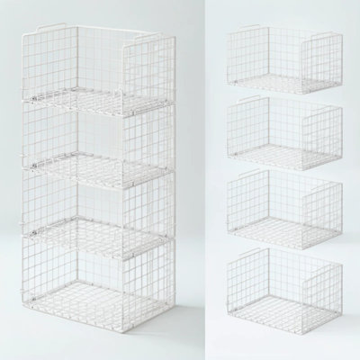 Système d'organisation de placard et panier de rangement empilable à 4 niveaux, tablette pliable en métal pour garde-robe, corbeilles à vêtements peu encombrantes pour chambre à coucher, dortoir, appartement, blanc