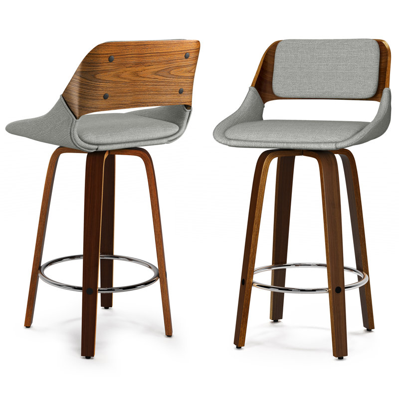 Carly Gray Upholstered Swivel Counter Stool with Walnut Back