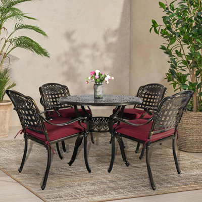 L'ensemble de salle à manger 5 pièces Newton Vivijason, ensemble de conversation d'extérieur en fonte d'aluminium toutes saisons, comprend 4 chaises rembourrées et 1 table ronde avec trou pour parasol pour balcon, pelouse, jardin, cour