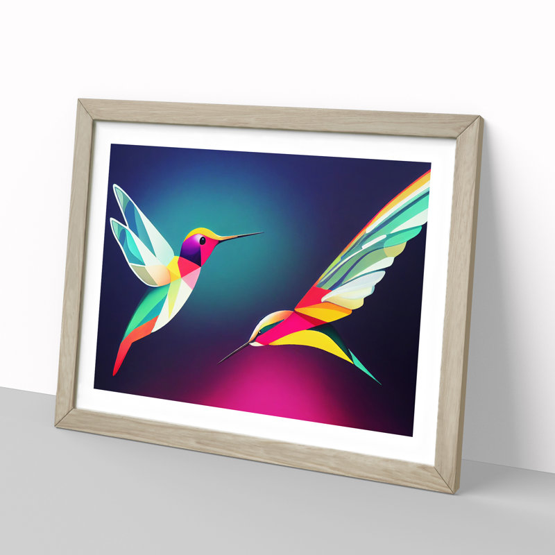 Groovy Hummingbirds Abstract - Single Picture Frame Print, 46cm H x 64cm W x 2cm D, Oak Framed