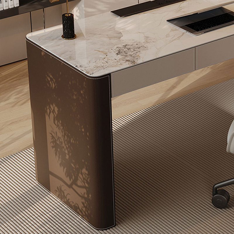 Bureau blanc / brun clair + bois massif + bois manufacturé + cuir avec bureau à 3 tiroirs