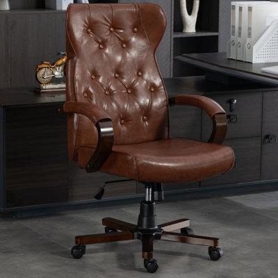 Fauteuil de bureau pivotant, fauteuil à oreilles rétro en similicuir, accoudoirs en bois massif, roulettes lisses, conception berçante, capacité de 330 lb pour la maison et le salon
