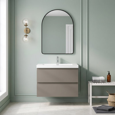 Meuble-lavabo mural de 76 cm (30 po) en mélamine gris avec dessus en résine blanche et carbonate de calcium, deux tiroirs coulissants en forme de U à fermeture amortie, préassemblé.