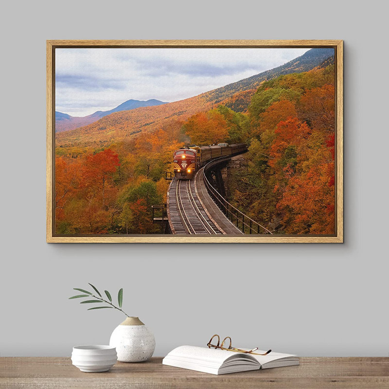 Automne, montagne, train, chemin de fer, chemin, nature sauvage - photographie, 16" H x 24" W x 1.5" D, Encadré naturel