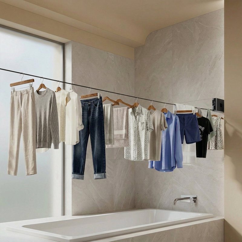 Corde à linge rétractable à sangle plate avec 34 trous de suspension - solution de séchage murale coupe-vent, conception pliable à 180 °