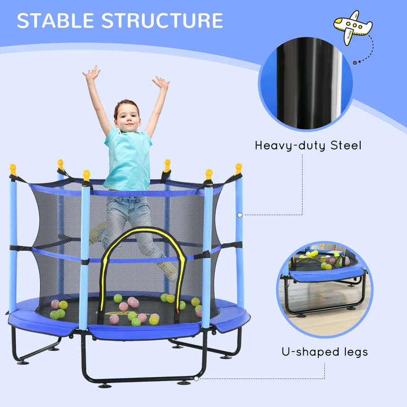 Blue 4.6' Kids' Trampoline with Safety Enclosure and Ball Pit