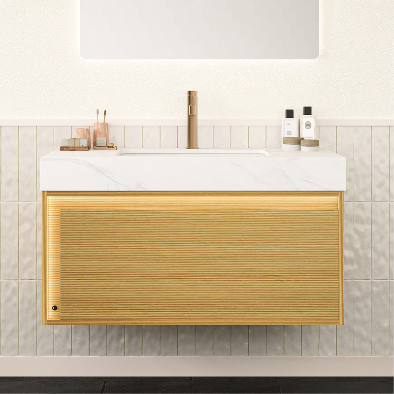 Pierre frittée de 36 po avec lavabo encastré en céramique blanche, blanc, aspect de marbre, égratignure et eau, robinet à débordement avec aspect de comptoir, conception de foyer