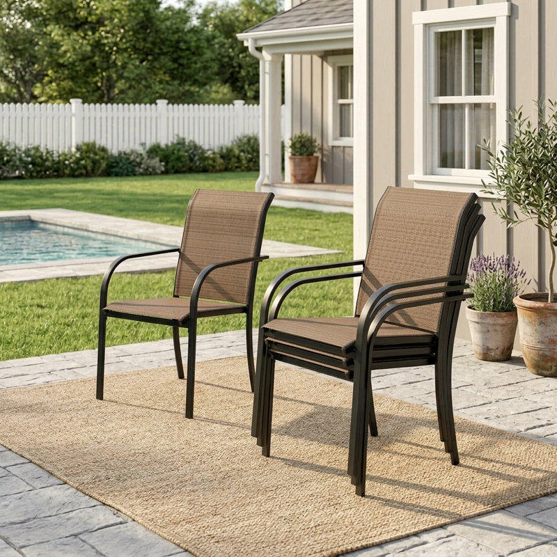 Ensemble repas d'extérieur rectangulaire pour 6 personnes avec parasol et chaises empilables, Black/Brown/Beige