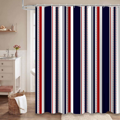 Rideau de douche en tissu à rayures bleues et blanches avec 12 crochets