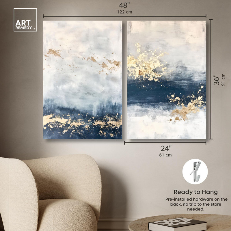 «Gilded Coastal Calm Blue Art», ensemble de 2 impressions sur toile par , H 36 po x l 24 po, Toile tendue, Ne s’applique pas