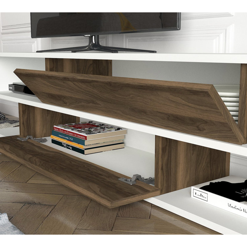 Chantalle Scandinavian TV Unit, White & Walnut, 69.3 x 15.6 x 12.4 Inches | 100% Melamine Coated Particle Board, Thickness: 0.7 Inches | Features Multiple Shelves & Wall-Mountable Design | Perfect for Modern Living Rooms