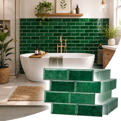 11.57" × 8.35" Forest Green 3D Glossy Subway Peel and Stick Backsplash Tile, Waterproof Self-Adhesive Vinyl Wall Tile for Kitchen & Bathroom, 2 mm Thick, Covers 6.71 sq. ft.