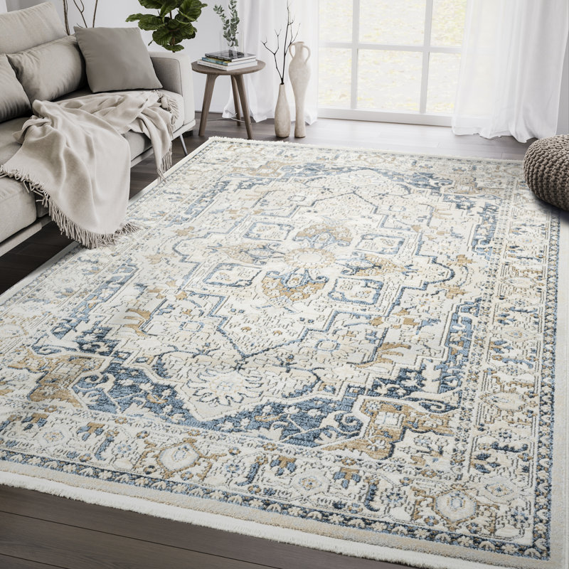 Oriental Machine Made Polypropylene Area Rug in Beige/Blue/Gray, Rectangle 4' x 6'