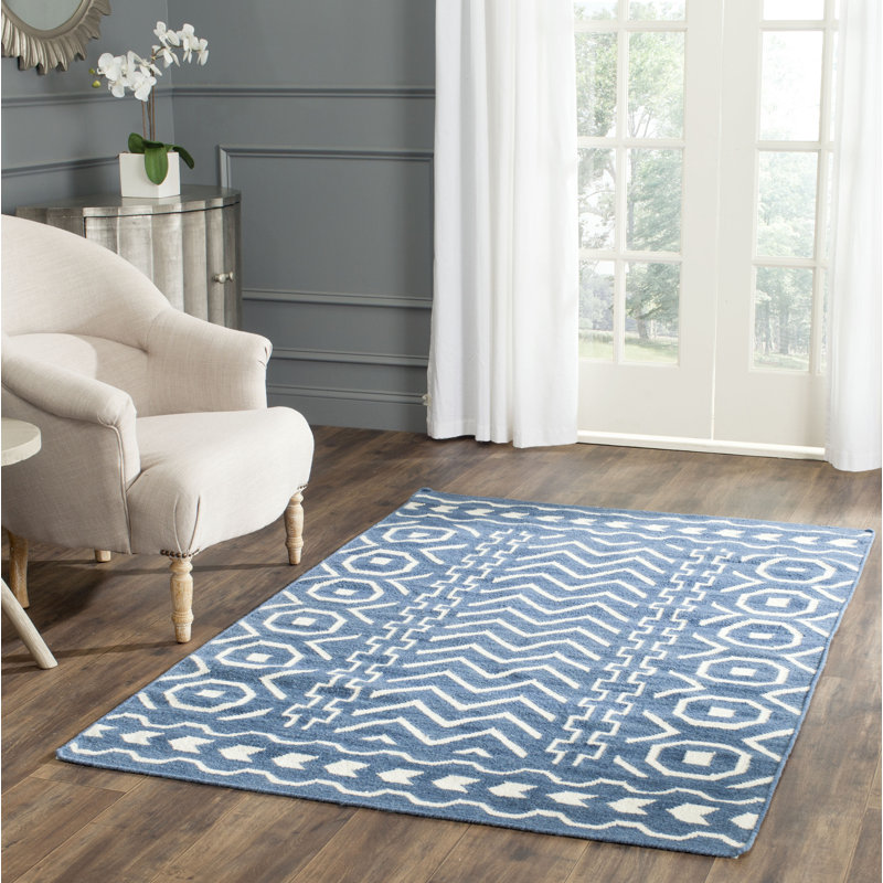 Tapis géométrique tissé à la main en laine / coton Rodgers bleu foncé / ivoire, Rectangle 6 pi x 9 pi