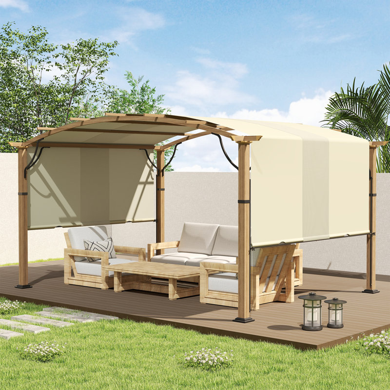 Aluminum Outdoor Pergola with Slightly Arched Canopy and Retractable Shade, 13.15 ft x 9.1 ft, Beige