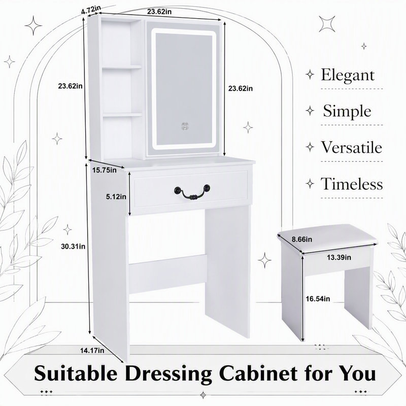 Mini coiffeuse moderne avec miroir éclairé à DEL et rangement dissimulé, tabouret rembourré, bureau de coiffeuse à luminosité réglable, tablettes à plusieurs niveaux résistantes à la poussière, blanc