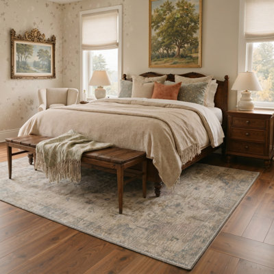 Tapis oriental beige / gris lavable à la machine avec envers antidérapant