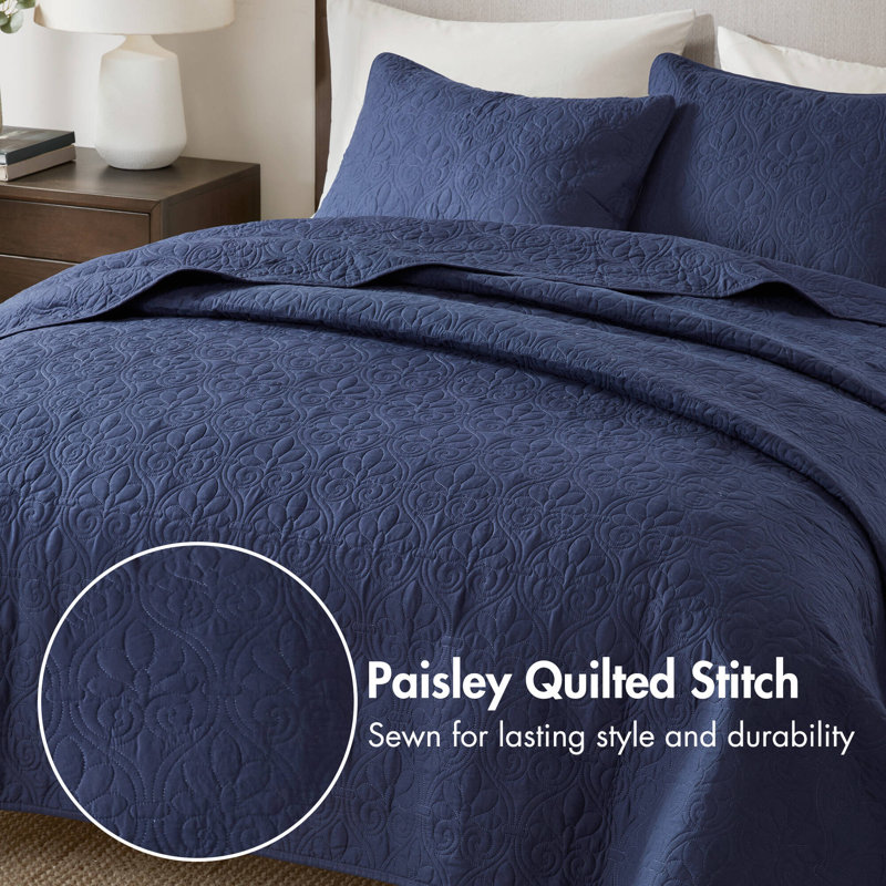 Quebec Reversible Bedspread Set, King Bedspread + 2 King Shams, Navy