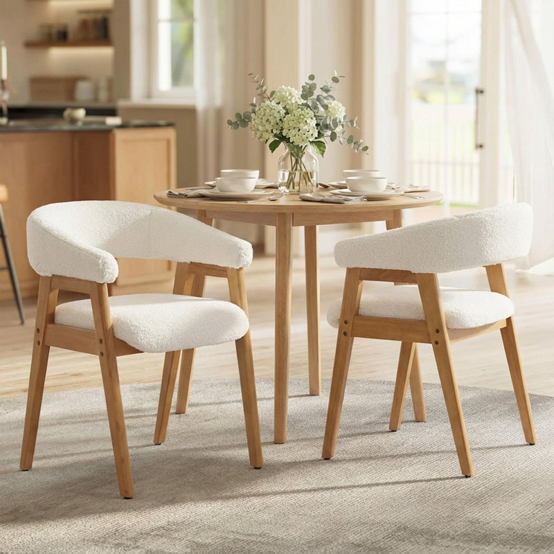 Mid-Century Modern Dining Chairs, Linen Upholstered Kitchen Dining Room Chairs Curved Backrest Dining Chairs With Wood Legs(Set Of 2)