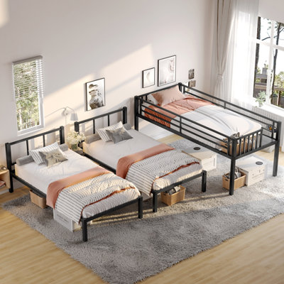 Twin XL Over Twin Over Twin Metal Triple Bunk Bed for 3, Black Space-Saving Frame with Guardrails and Ladders for Kids, Teens, Adults