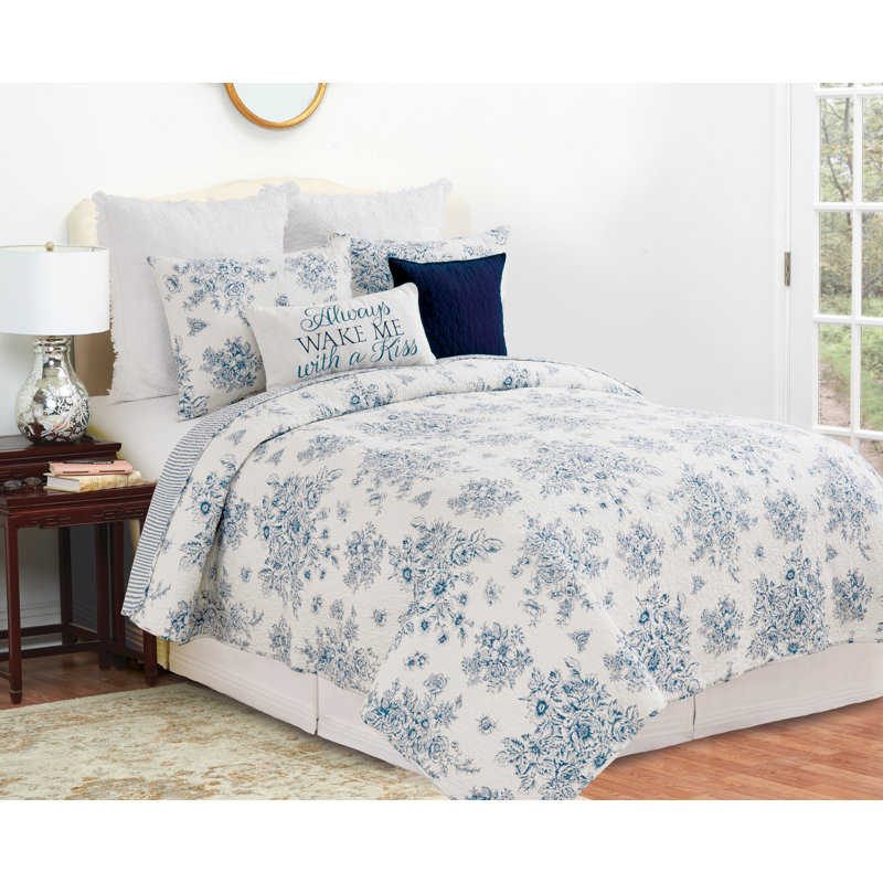 Ensemble de courtepointe réversible en coton à motif campagnard Nelly, Courtepointe double/grand et 2 taies décoratives, Bleu