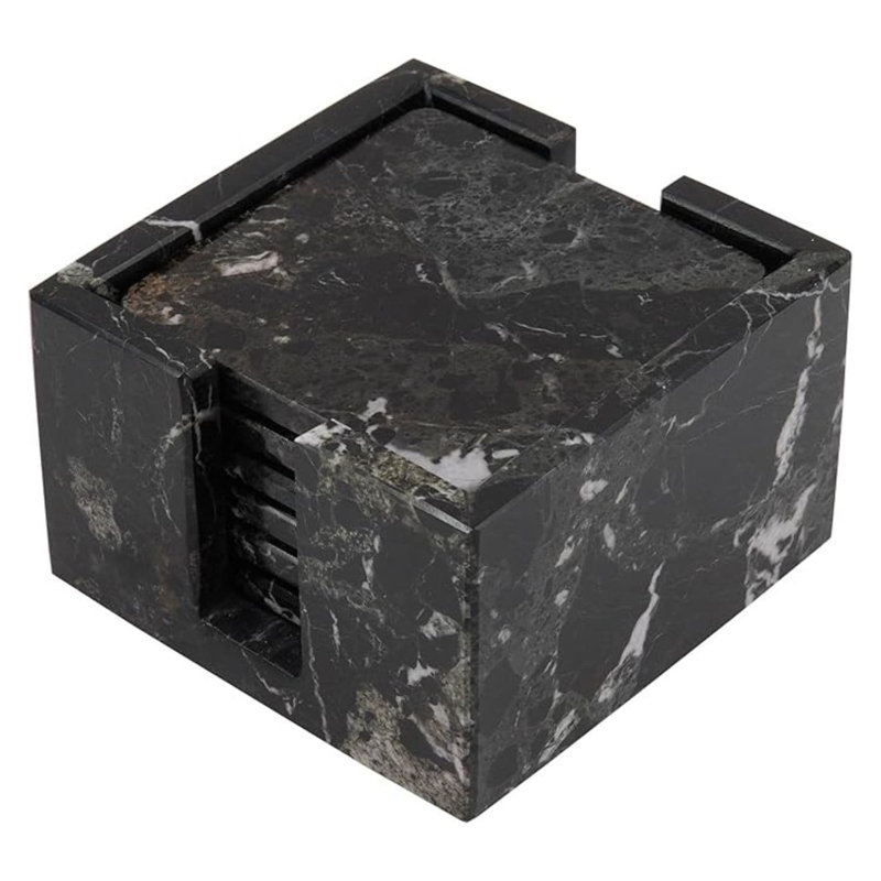 Ensemble de sous-verres en marbre 3,5 po avec support, Noir, noir, noir, noir