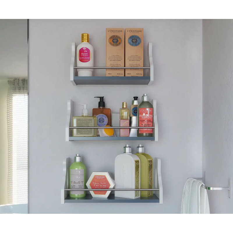 3 Piece Oak Floating Shelf, White/Blue