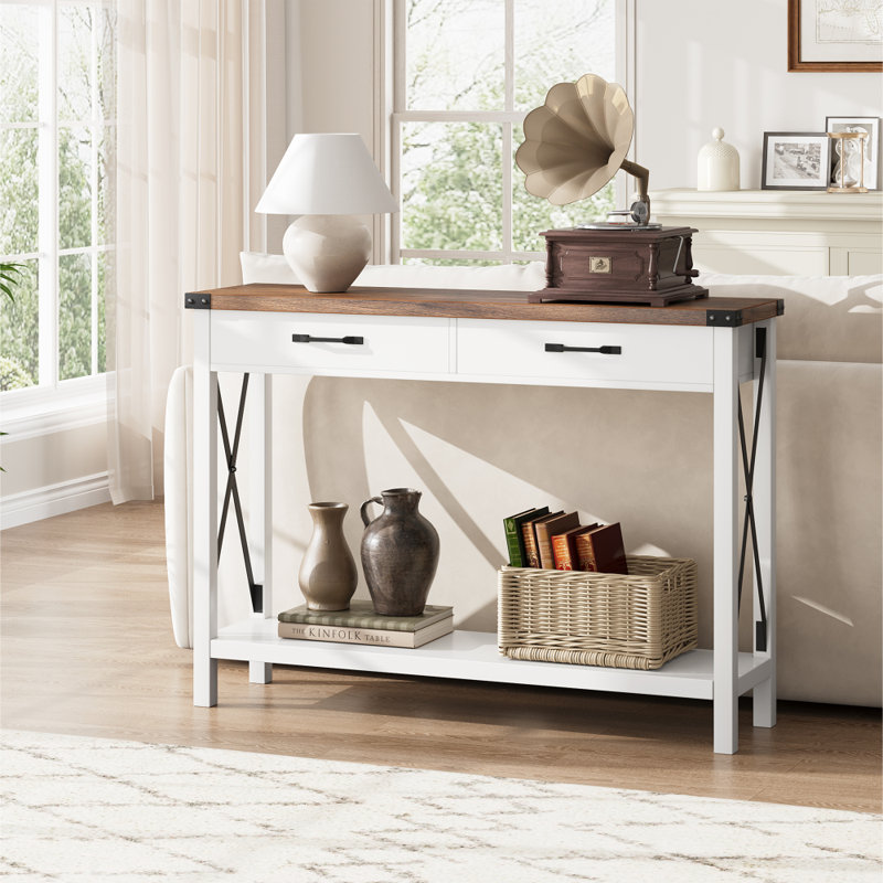 Console de 43 po x 12 po avec tiroirs de rangement et tablette | Table de canapé étroite avec structure en métal, finition grain de bois et style campagnard industriel