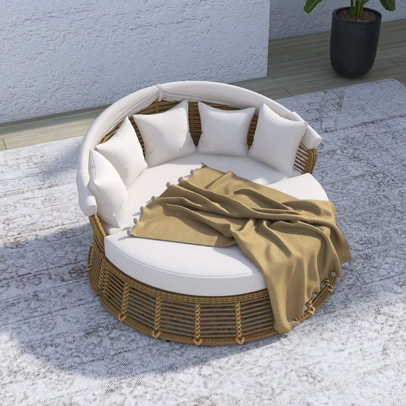 Outdoor Patio Rattan Round Daybed With Retractable Canopy