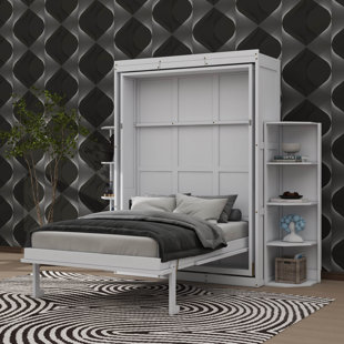 Lit escamotable pivotant Queen Size avec meuble mural dissimulé, deux étagères latérales à 3 niveaux, bureau, étagères de rangement supplémentaires et armoire de lit escamotable.