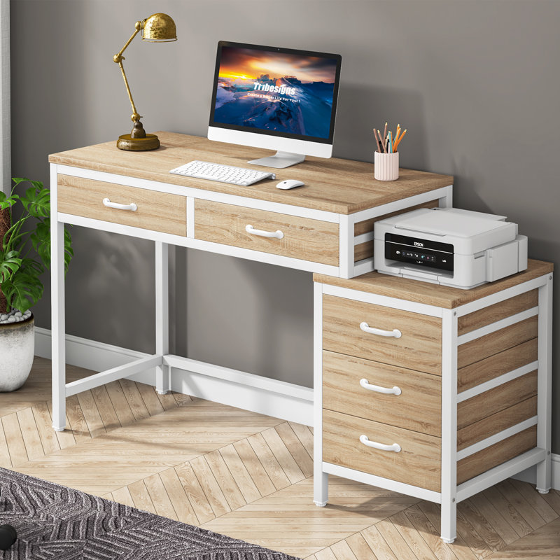 51''W Reversible Desk with Drawers, Walnut/White