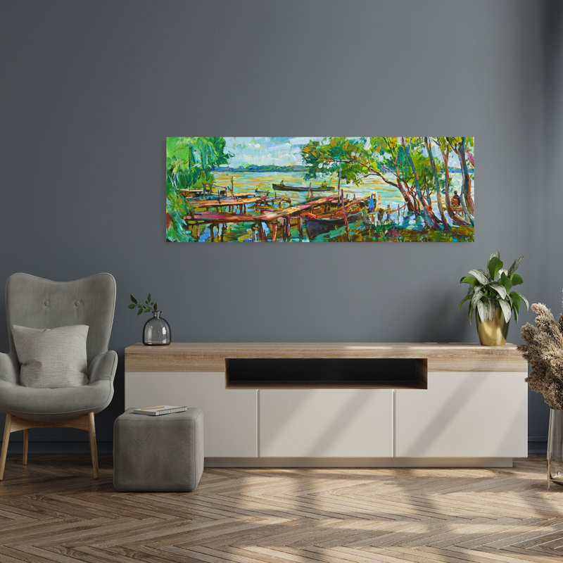 «Peaceful Lake Docks», art mural paysage côtier abstrait, H 48 po x l 16 po