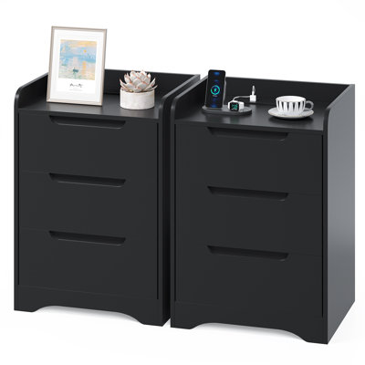 3 Drawer Bedside Table with Charging Station, Bedside Cabinet with Spacious Tabletop, 2 AC Sockets, 1 USB-A & 1 USB-C Port, 35cm W Bedside Table