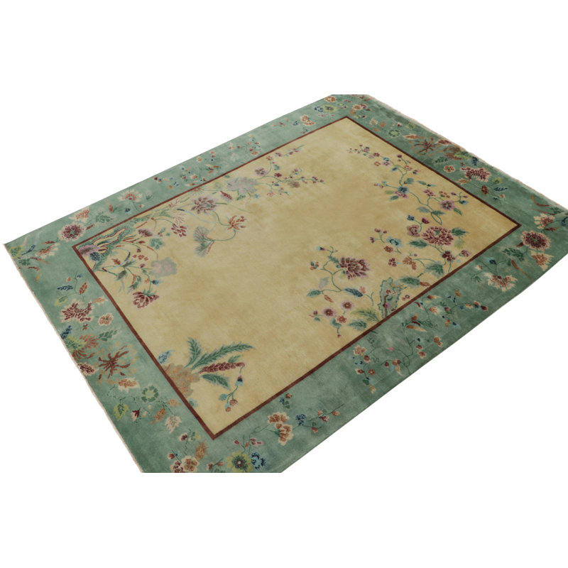 Rug & Kilim’S Chinese Style Art Deco Rug In Gold & Green With Multicolor Florals, Rectangle 5' x 7'