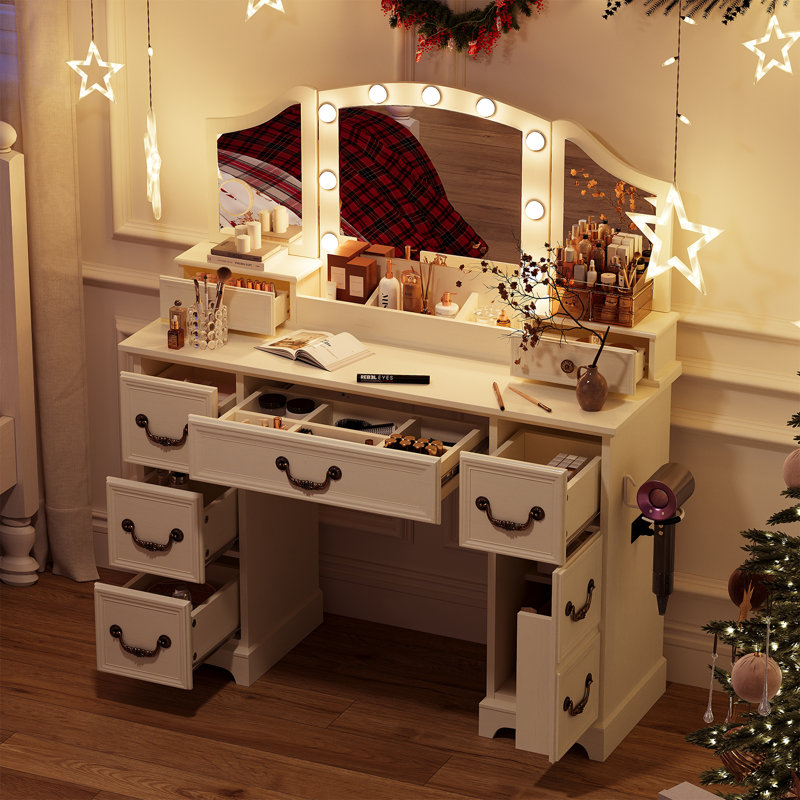 Multi-Functional Storage Vanity Table With 3-In-1 USB Outlet & Hair Dryer Holder