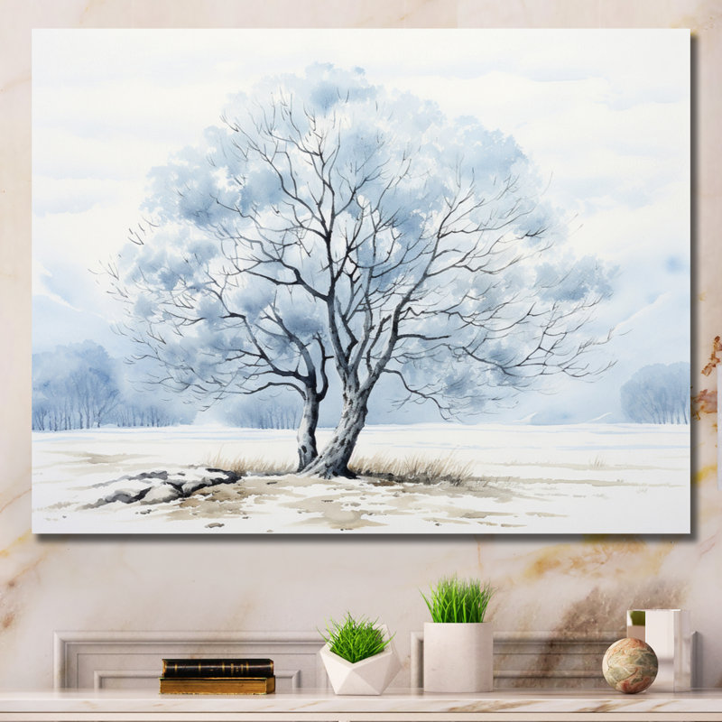 Ice Blue Tree Monochrome Ink Harmony - Floral Wall Art Living Room, Toile tendue, H 24 po x l 32 po x P 1 po