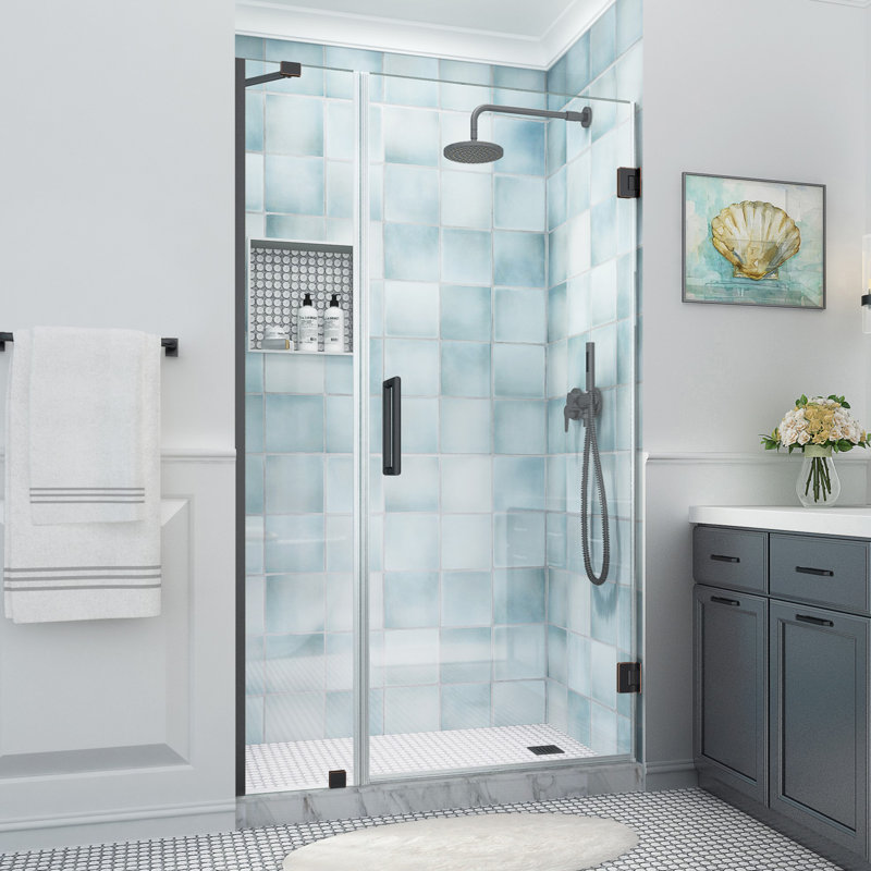 Belmore XL 46.25" W x 80" H Hinged Frameless Shower Door with StarCast Glass, Oil Rubbed Bronze, Clear Glass