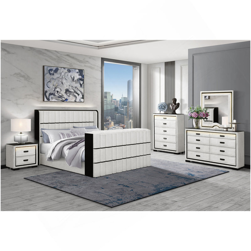Ensemble de chambre avec grand lit 5 pièces blanc et noir Isaiah
