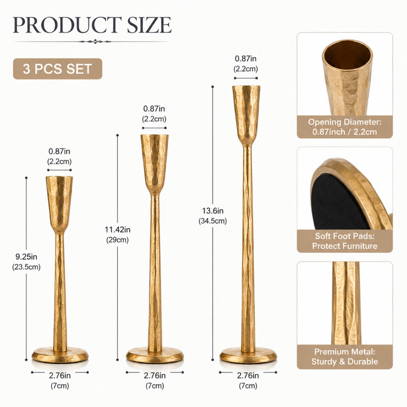 Ensemble de porte-bougies en fer, bougeoirs en or antique pour bougies standard (ensemble de 3)
