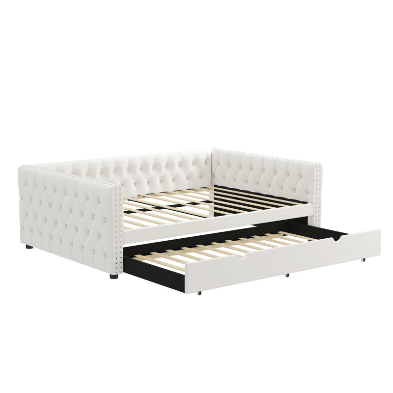 Eylin Daybed With Trundle Velvet Upholstered Tufted Sofa Bed, With Button And Copper Nail On Square Arms, Beige