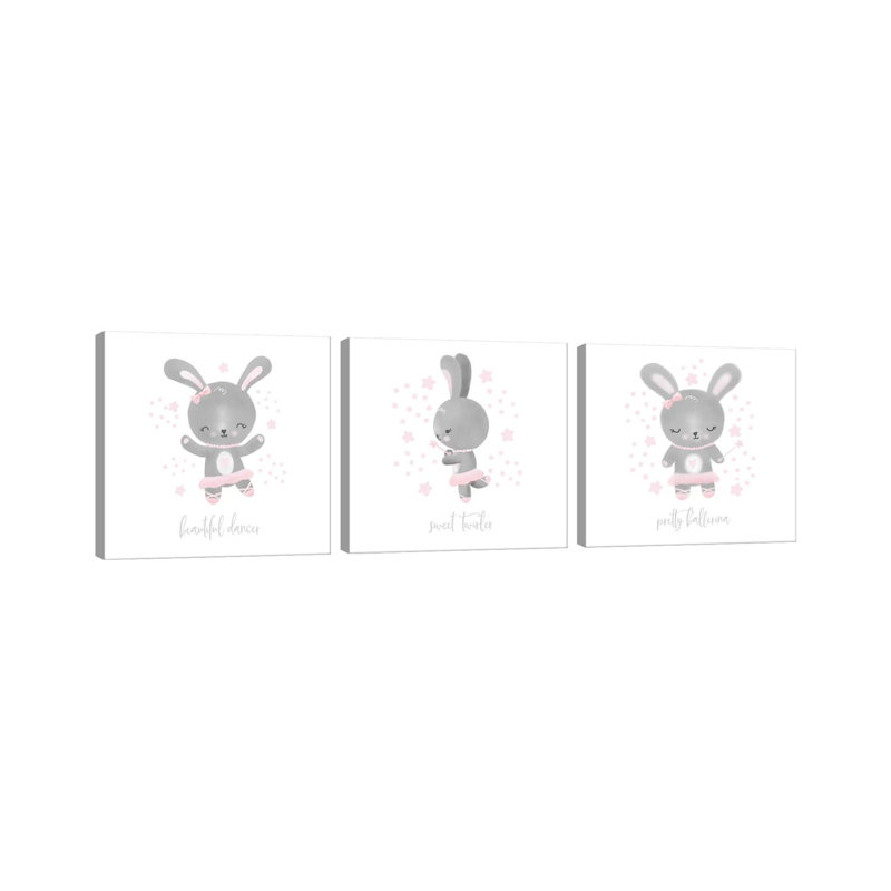 Ballerine lapin triptyque - ensemble d'art mural sur toile - toile tendue (ensemble de 3)