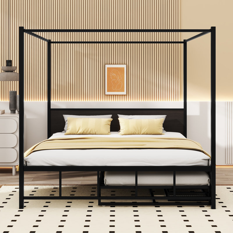Emenie Queen Size Metal Canopy Platform Bed with Twin Size Trundle and 3 Drawers, Black