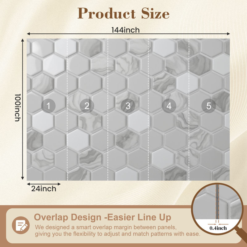 Papier peint adhésif mural moderne en marbre gris hexagonal à variations subtiles H 100 po x l 144 po, papier peint amovible en PVC pour le salon de la chambre à coucher