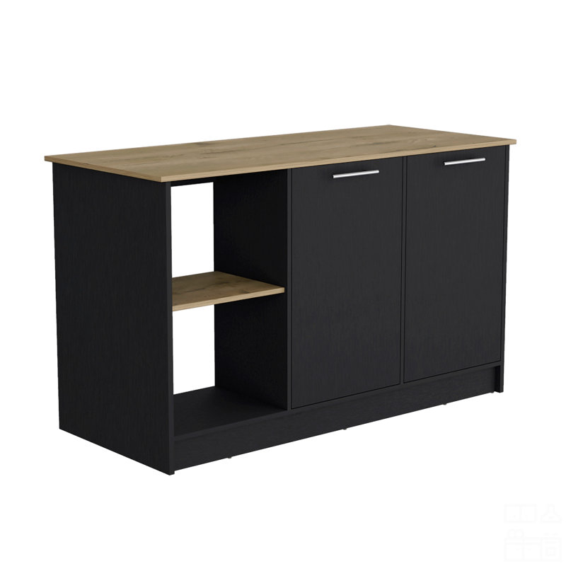 Kitchen Island With Large Top Surface, Double Door Cabinet, And Open Shelves, Black/Natural