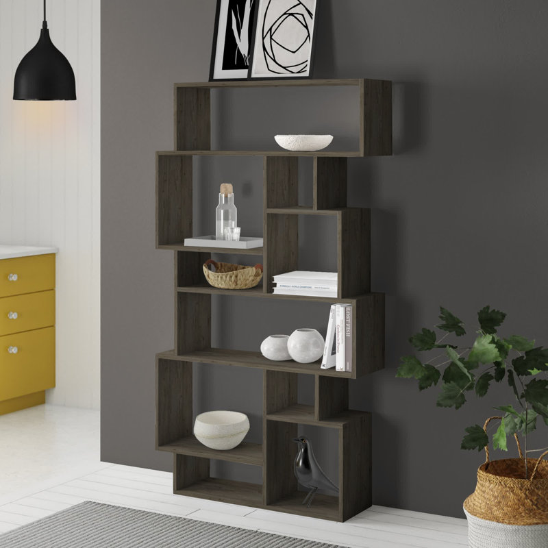 Sandra Bookcase | Asymmetric Freestanding Bookcase with 10 Compartments, Dark Coffee