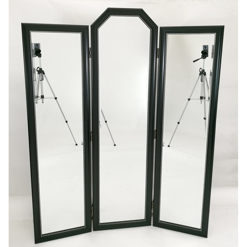 Modern Black Three-Panel Dressing Mirror With Silver Trim Accent 56Wx72"H