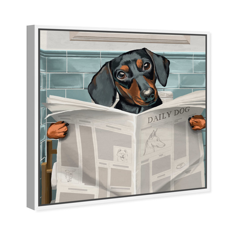 «Occupied Bathroom Doxie - impression d'art graphique, H 30 po x l 30 po x P 1,5 po, Cadre blanc