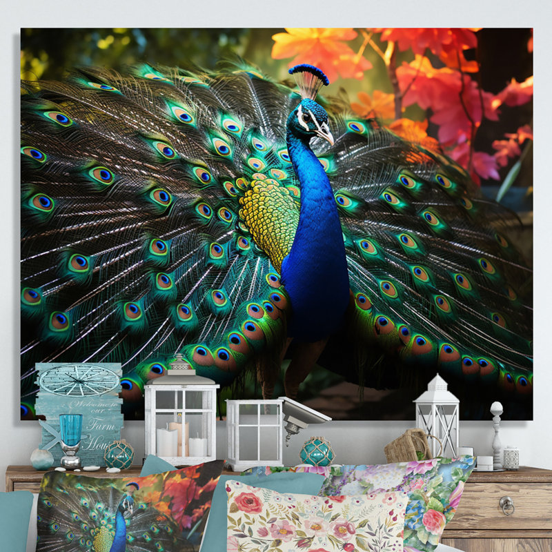 Bleu bleu sarcelle, art indien dansant le paon - Art mural indien, Toile tendue, H 24 po x l 32 po x P 1 po