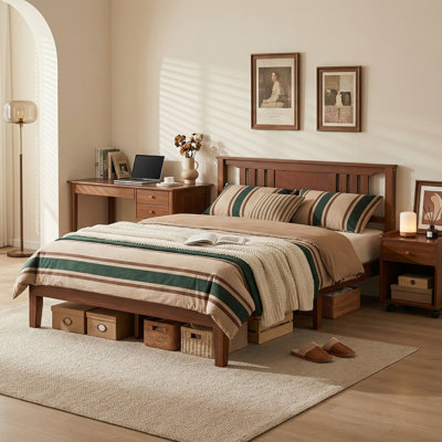 Modern Solid Wood Platform Bed Frame with Headboard, Brown